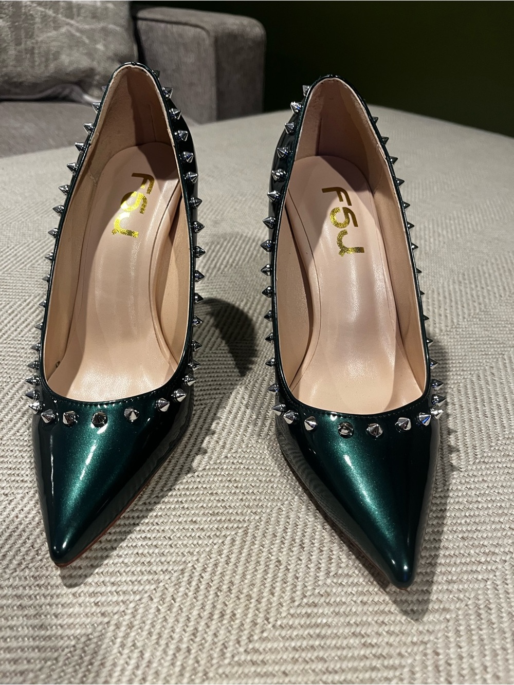 FSJ Women's Dark Green Pointed-Toe Studded Pumps
